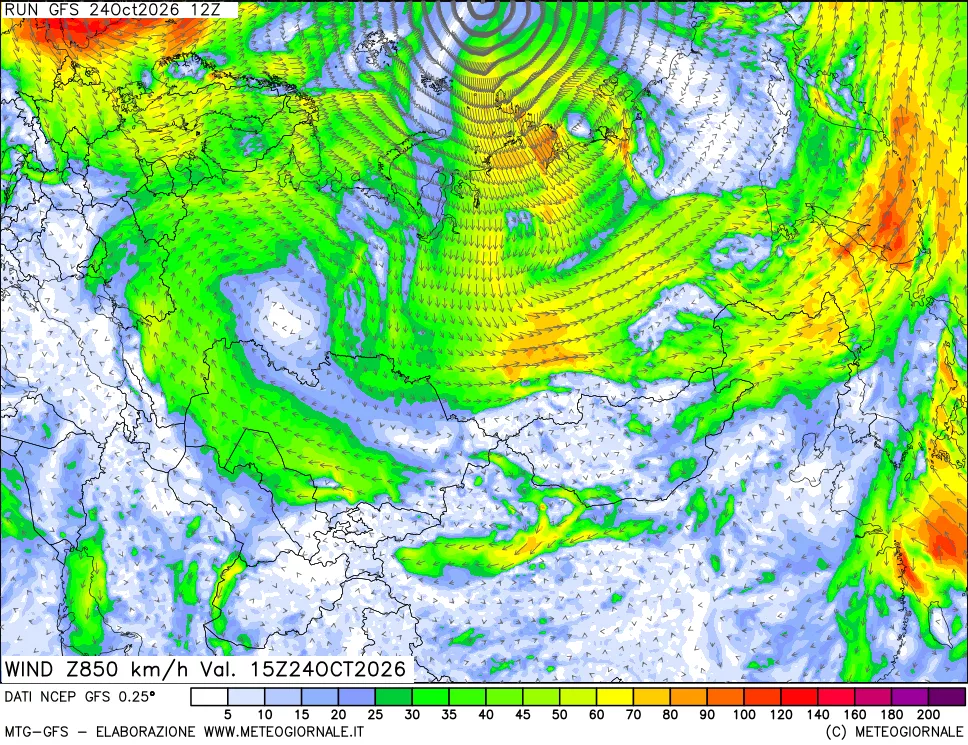 mappa 850 hPa Vento forza e direzione