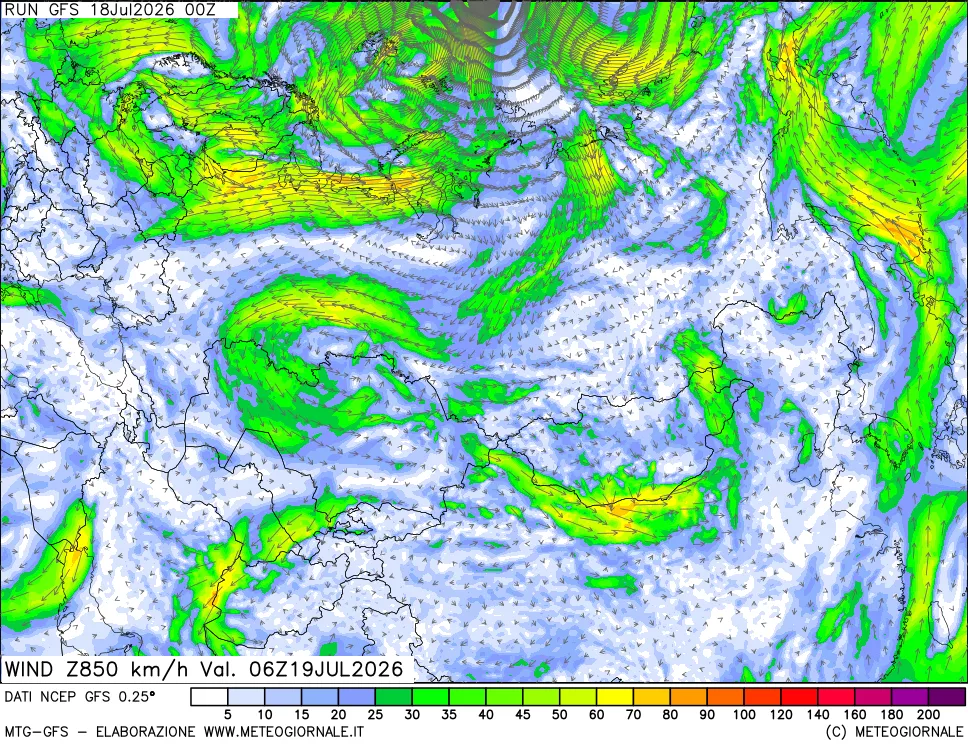 mappa 850 hPa Vento forza e direzione