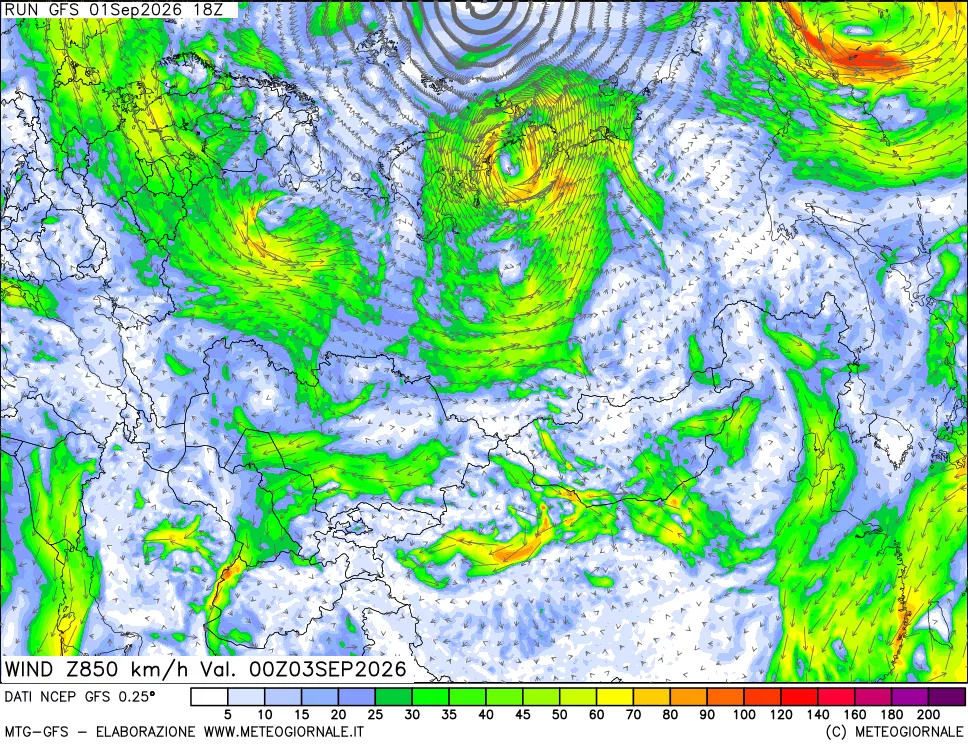 mappa 850 hPa Vento forza e direzione