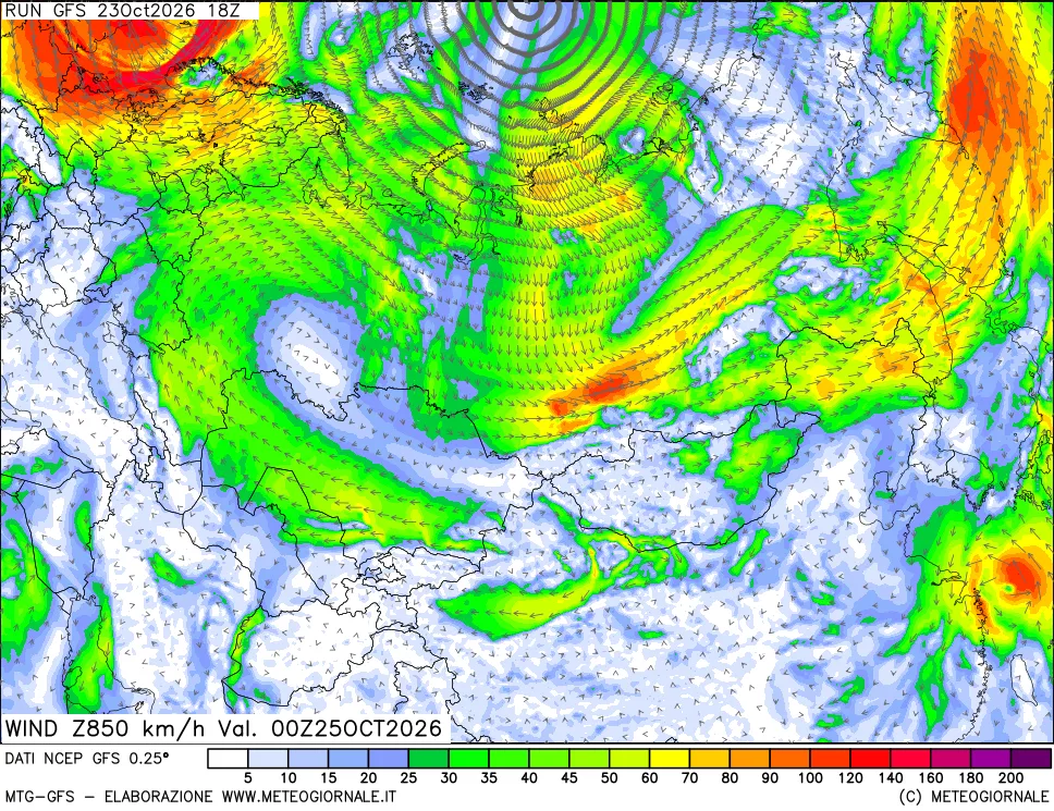mappa 850 hPa Vento forza e direzione