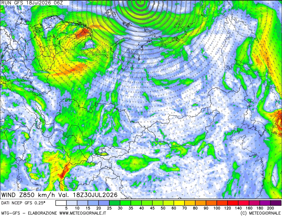 mappa 850 hPa Vento forza e direzione