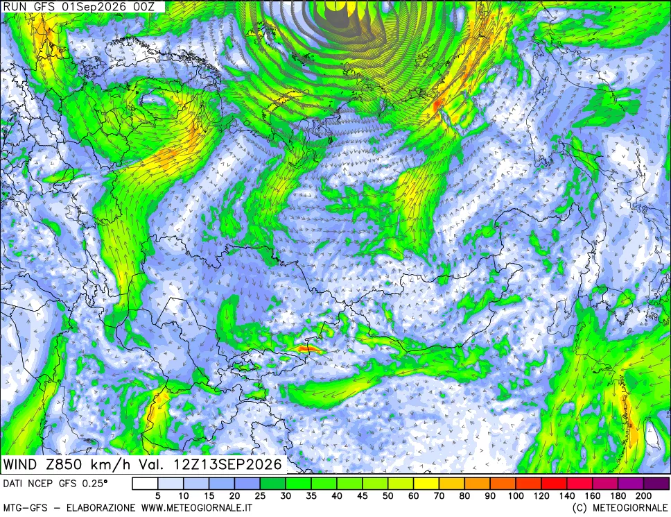 mappa 850 hPa Vento forza e direzione