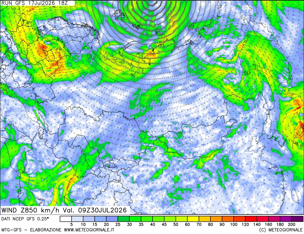 mappa 850 hPa Vento forza e direzione
