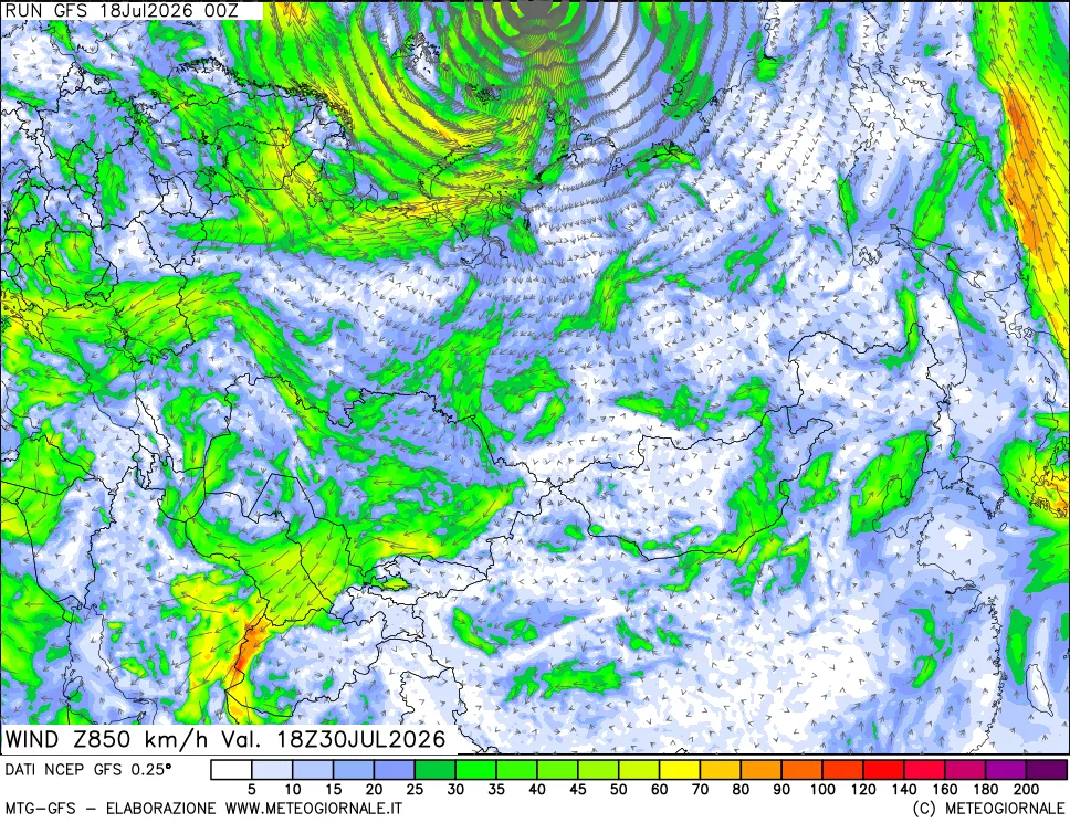 mappa 850 hPa Vento forza e direzione