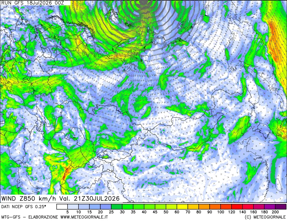 mappa 850 hPa Vento forza e direzione