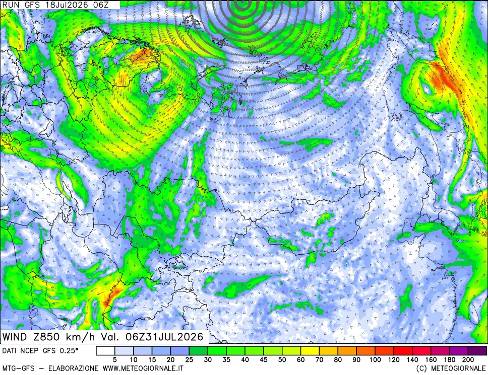 mappa 850 hPa Vento forza e direzione