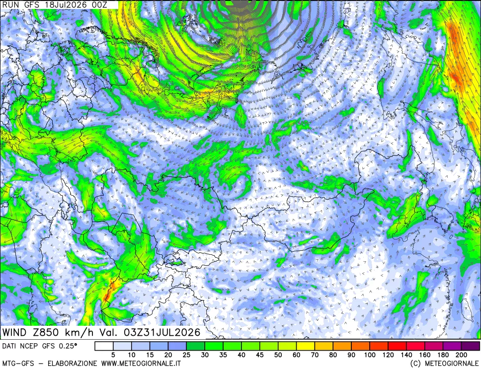 mappa 850 hPa Vento forza e direzione