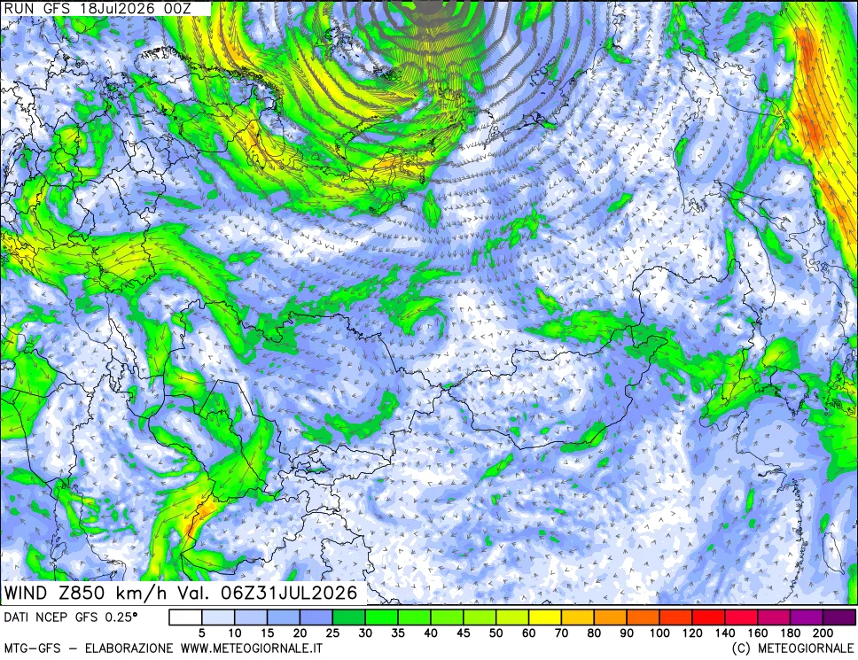 mappa 850 hPa Vento forza e direzione