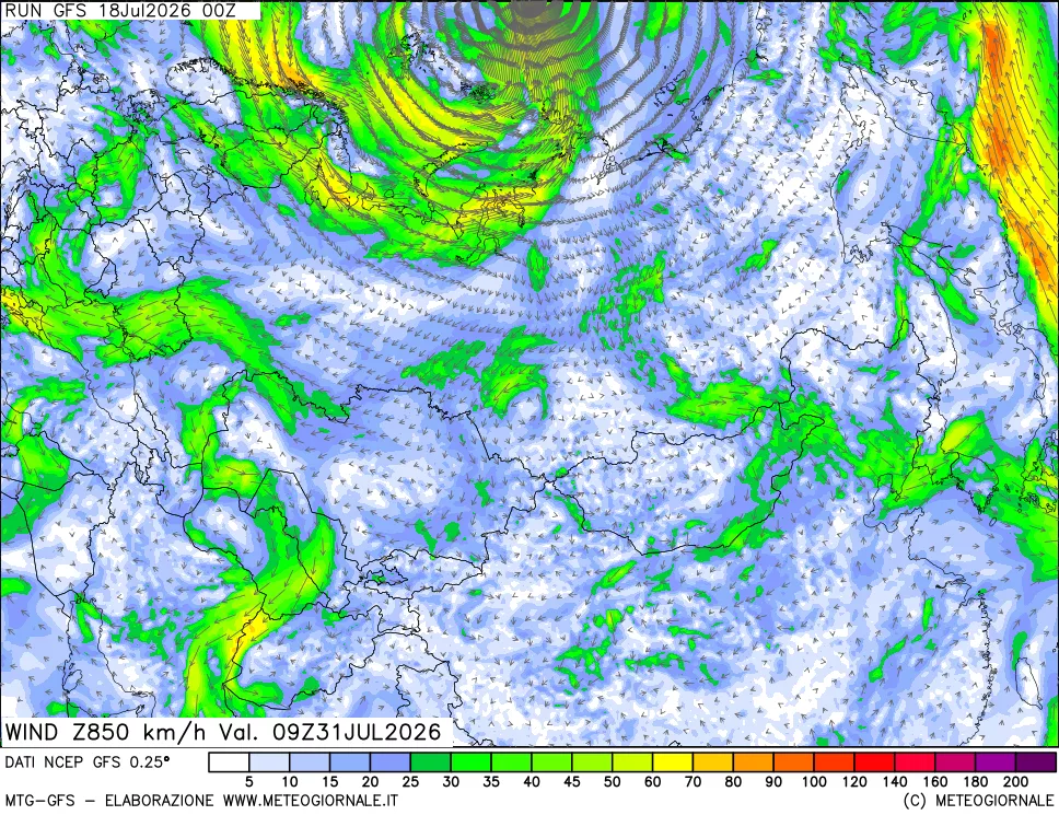 mappa 850 hPa Vento forza e direzione