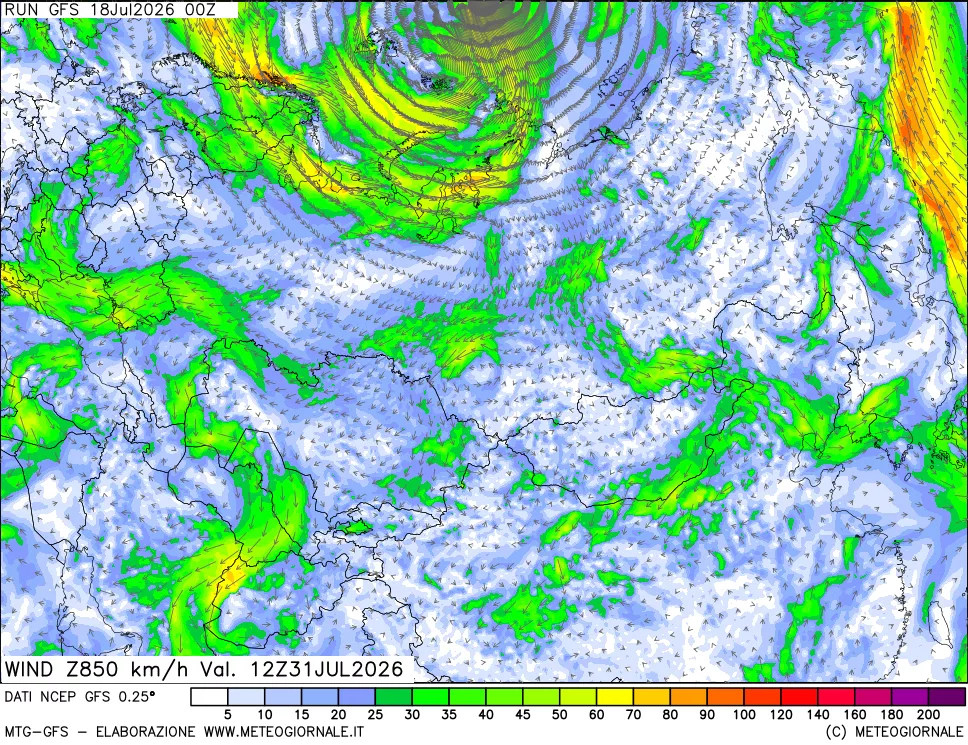 mappa 850 hPa Vento forza e direzione