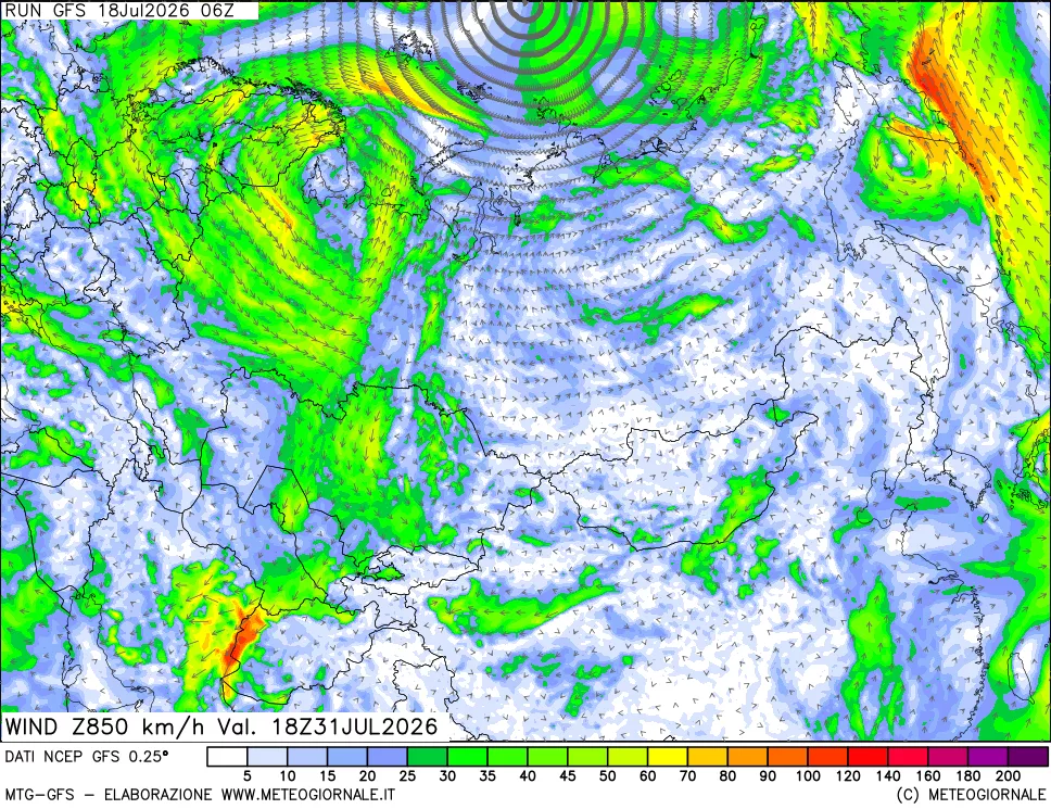 mappa 850 hPa Vento forza e direzione