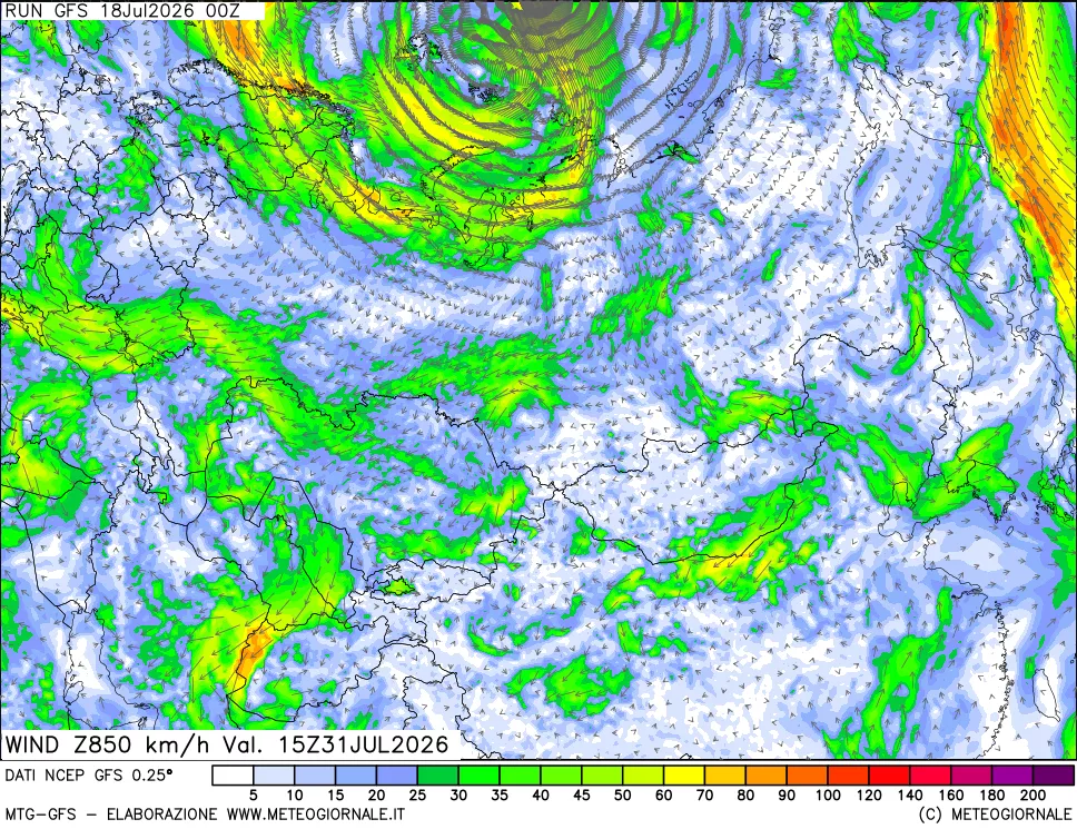 mappa 850 hPa Vento forza e direzione