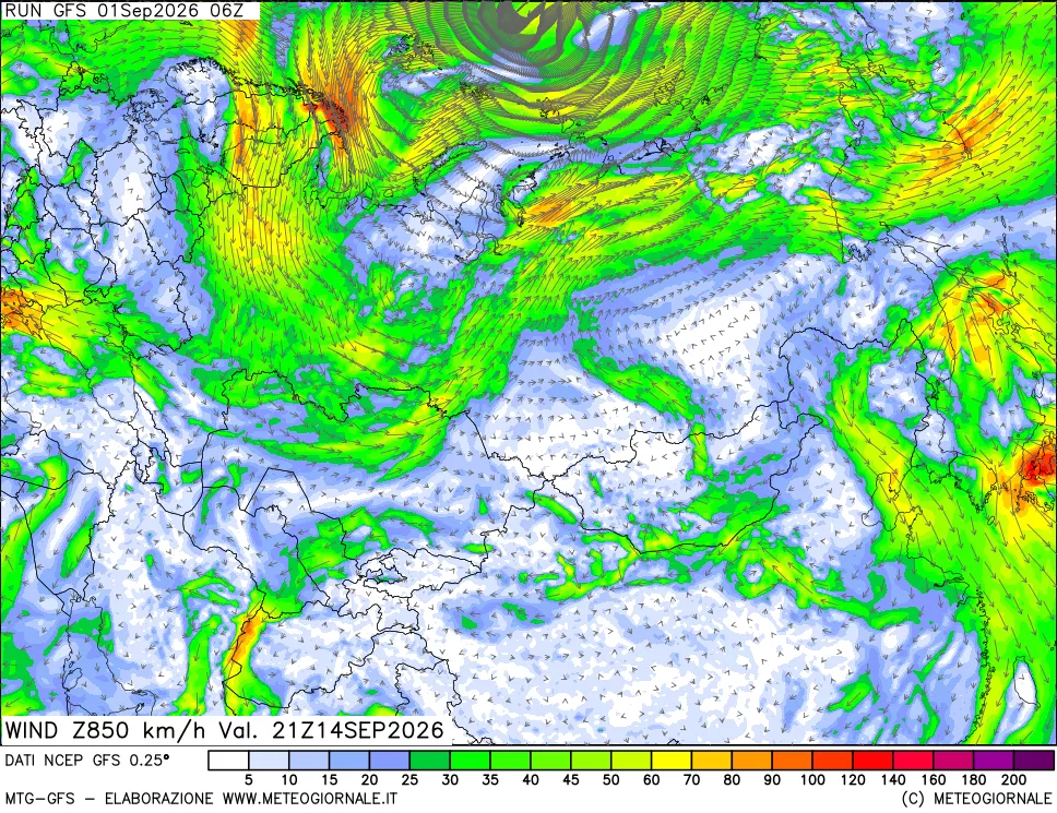 mappa 850 hPa Vento forza e direzione