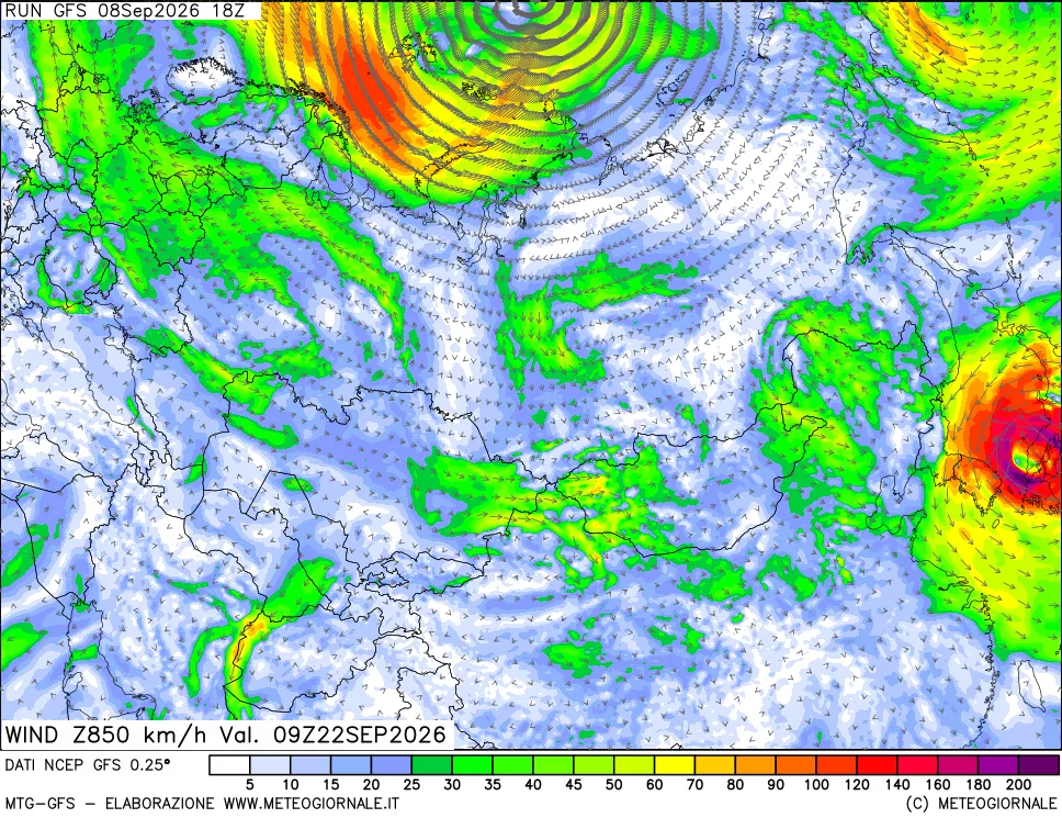 mappa 850 hPa Vento forza e direzione