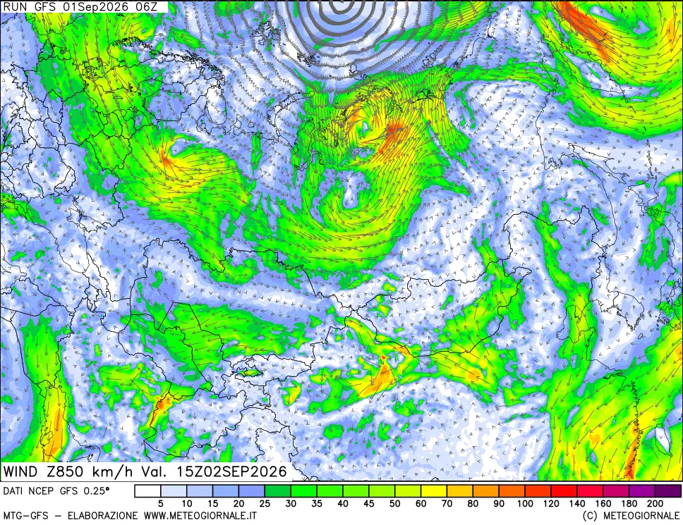 mappa 850 hPa Vento forza e direzione