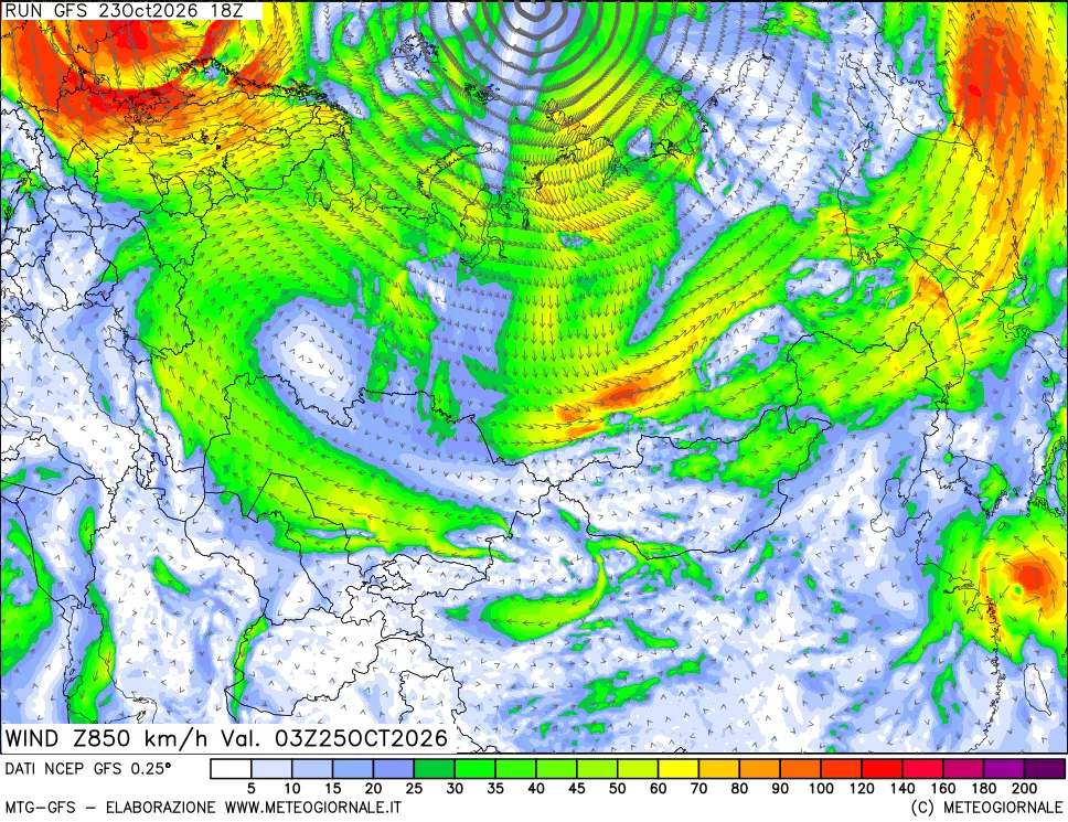 mappa 850 hPa Vento forza e direzione