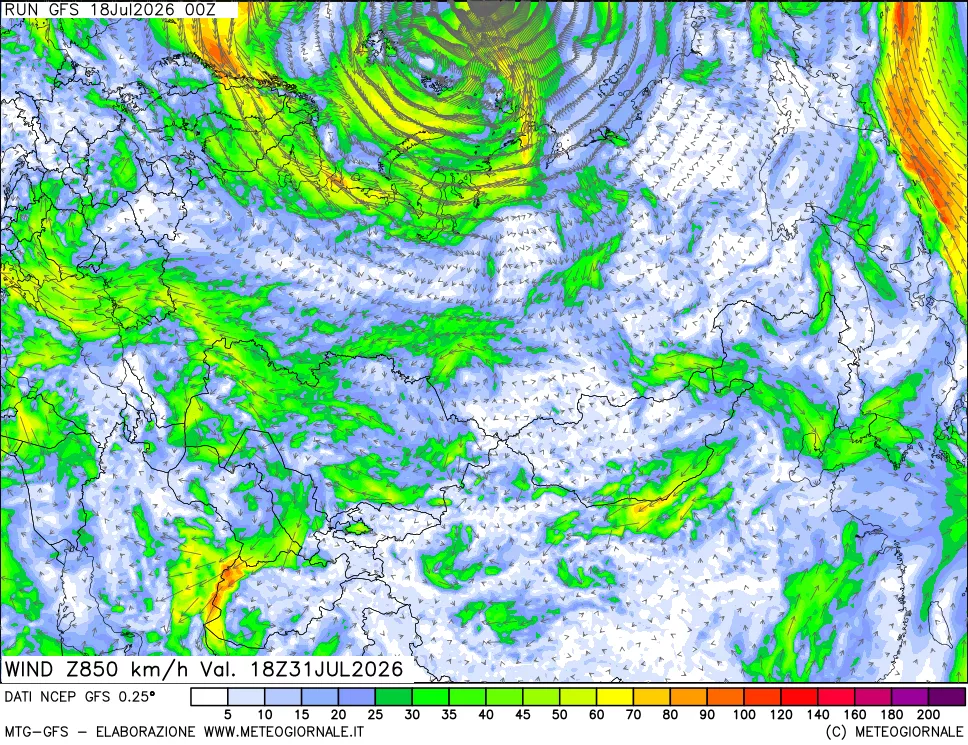 mappa 850 hPa Vento forza e direzione