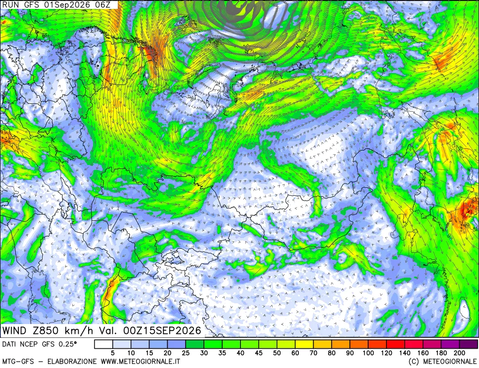mappa 850 hPa Vento forza e direzione