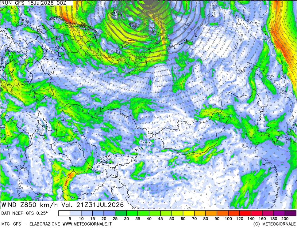 mappa 850 hPa Vento forza e direzione