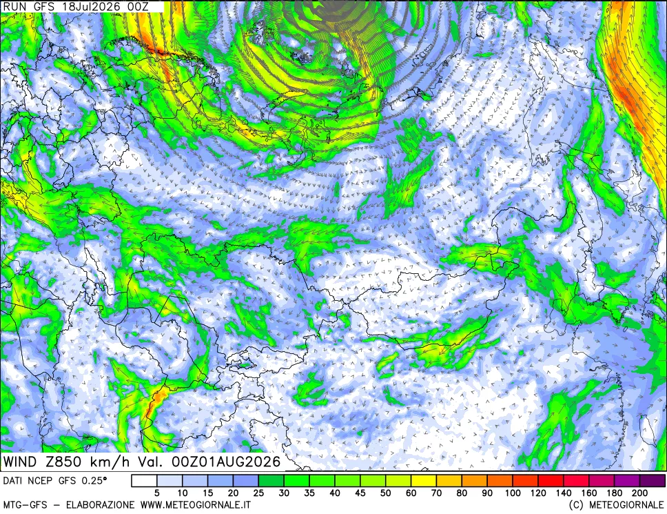 mappa 850 hPa Vento forza e direzione