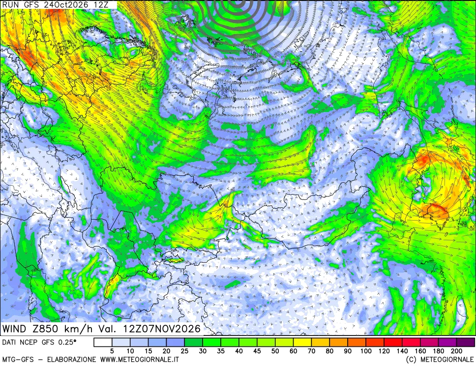 mappa 850 hPa Vento forza e direzione