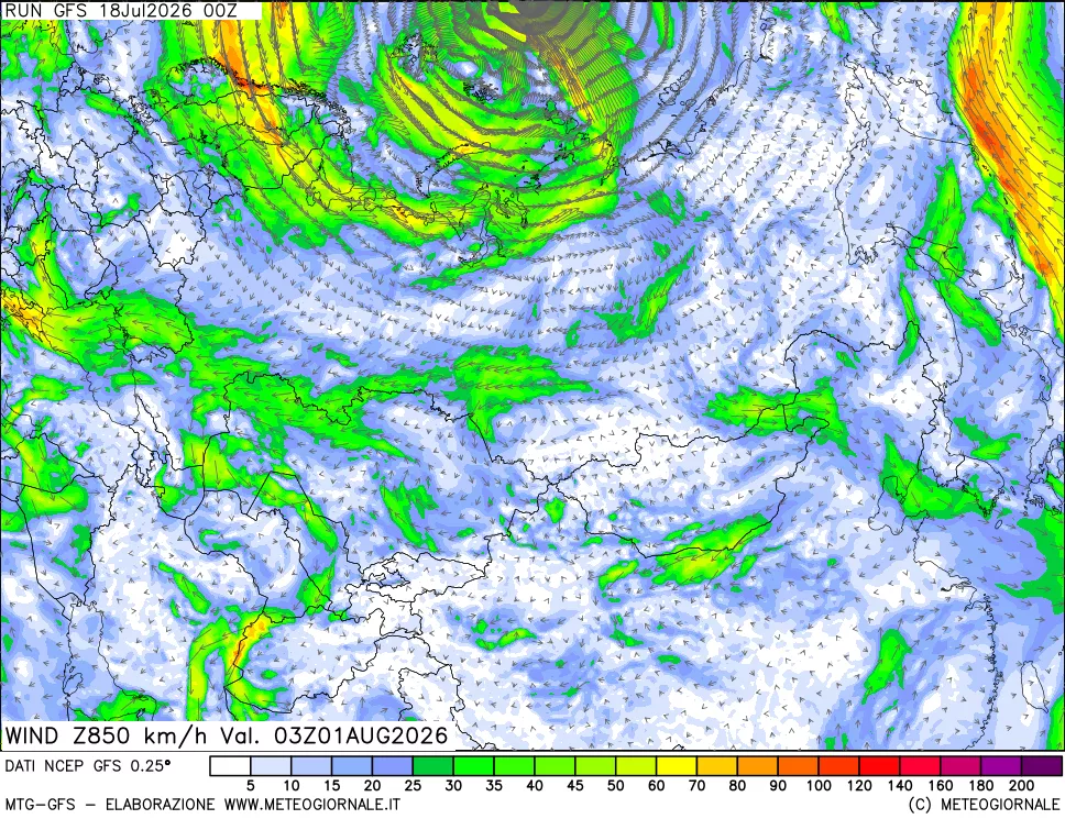 mappa 850 hPa Vento forza e direzione