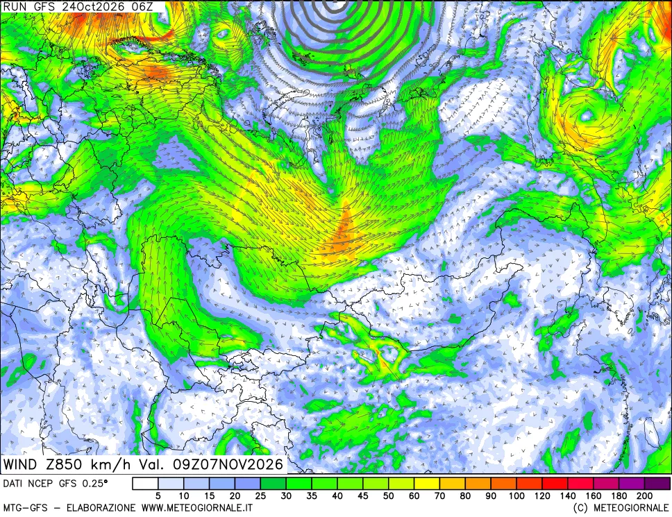 mappa 850 hPa Vento forza e direzione