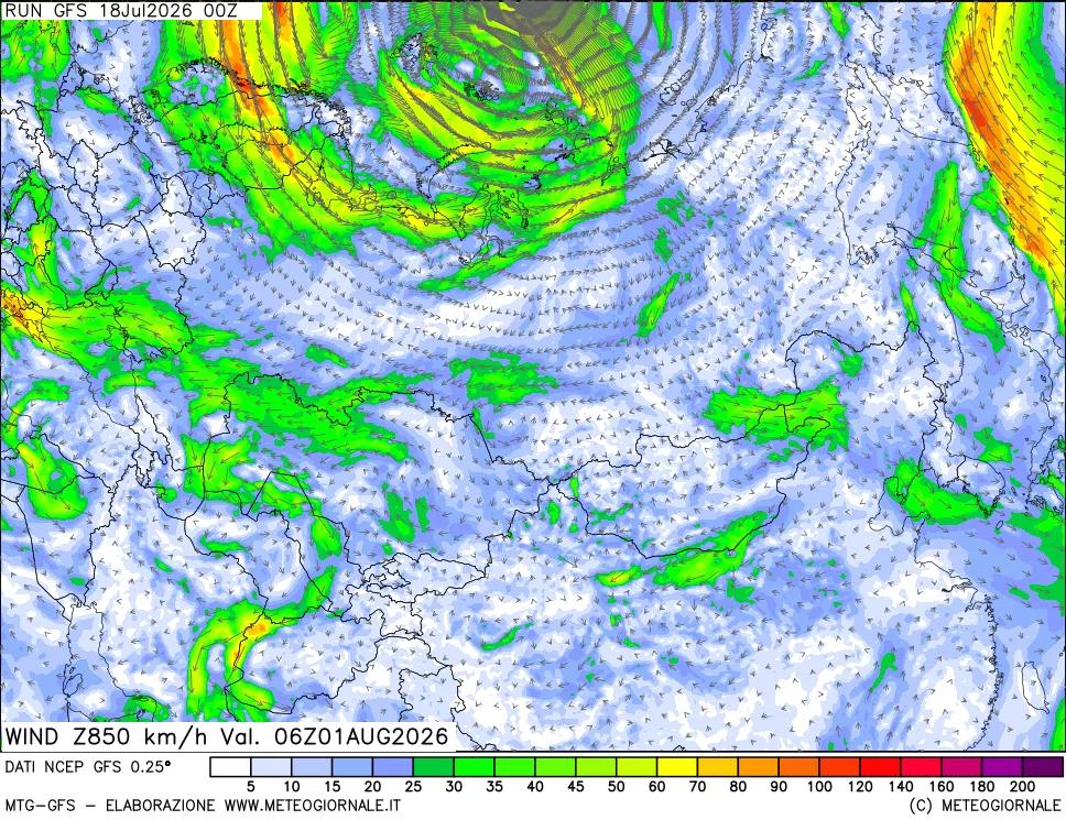 mappa 850 hPa Vento forza e direzione