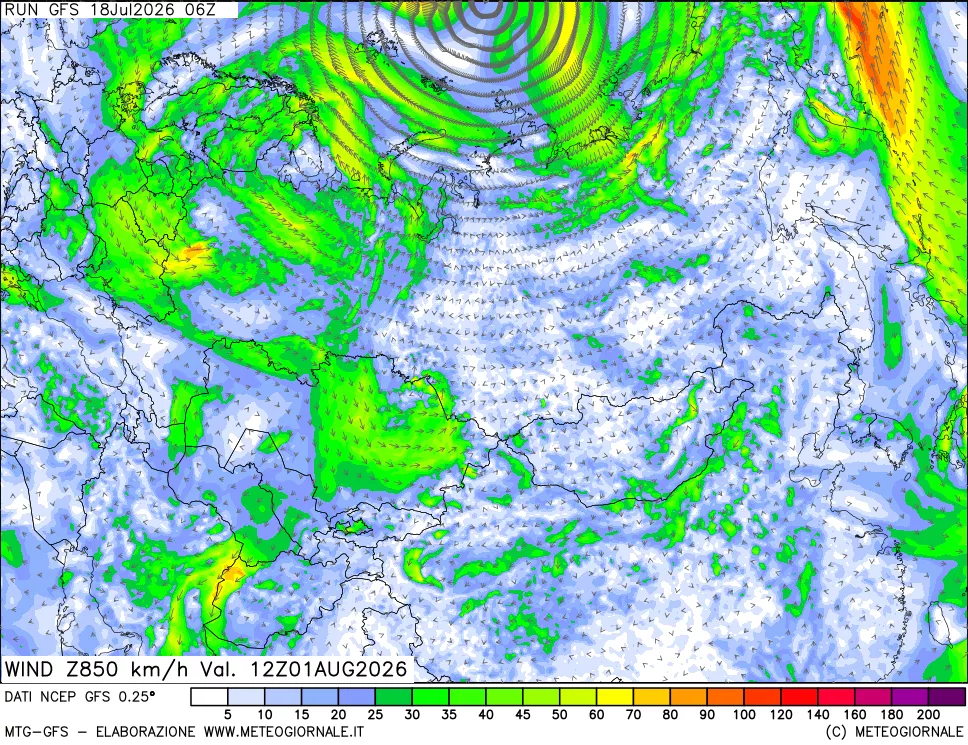 mappa 850 hPa Vento forza e direzione