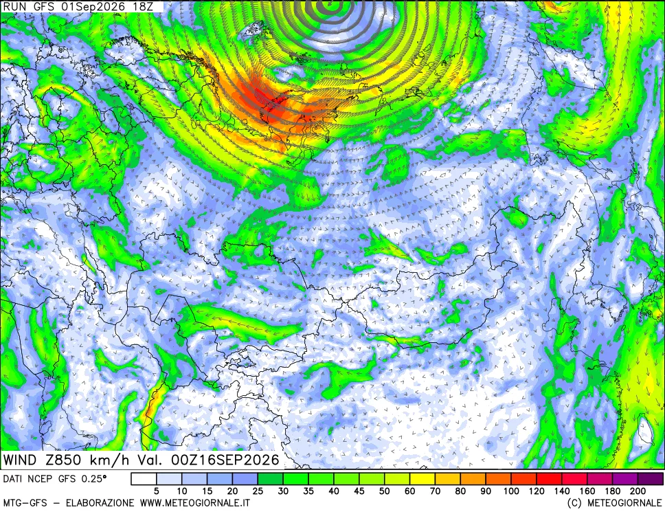mappa 850 hPa Vento forza e direzione