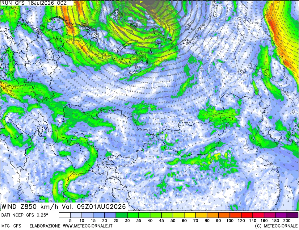 mappa 850 hPa Vento forza e direzione