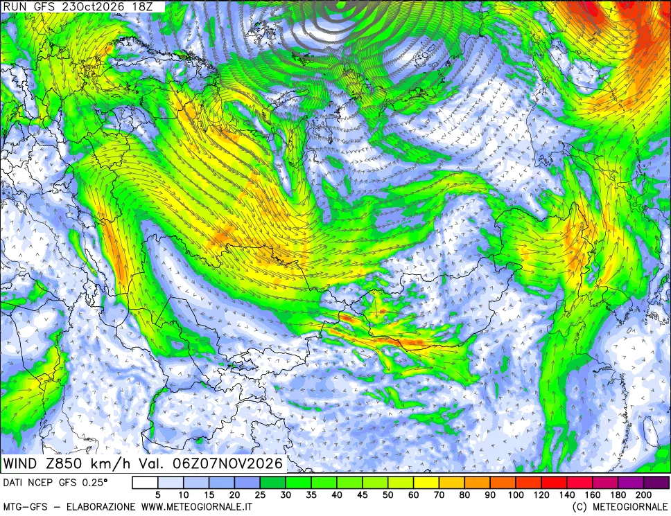 mappa 850 hPa Vento forza e direzione