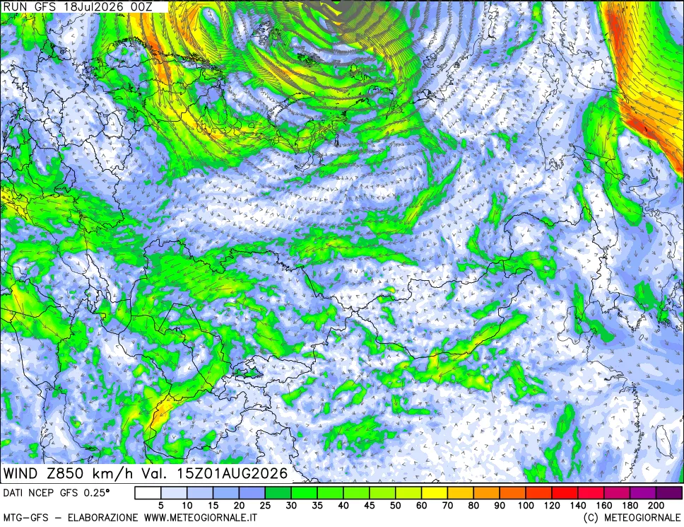mappa 850 hPa Vento forza e direzione