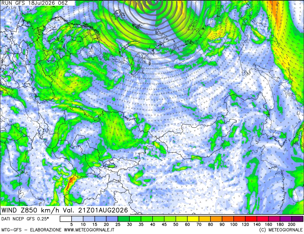 mappa 850 hPa Vento forza e direzione