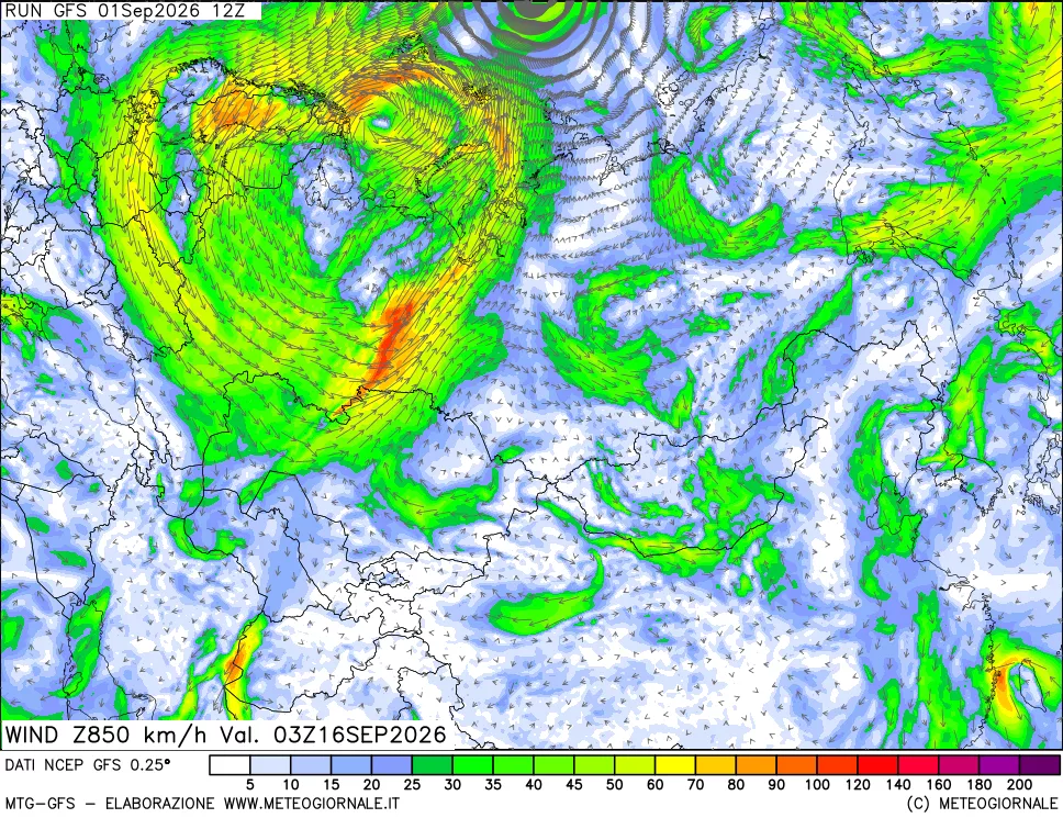 mappa 850 hPa Vento forza e direzione