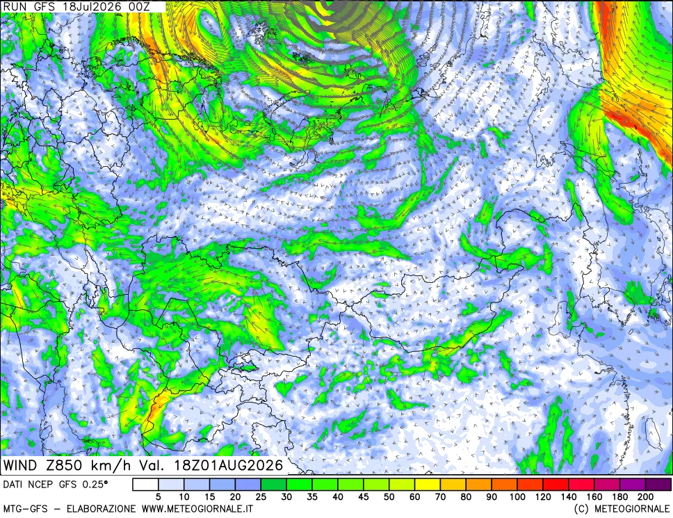 mappa 850 hPa Vento forza e direzione