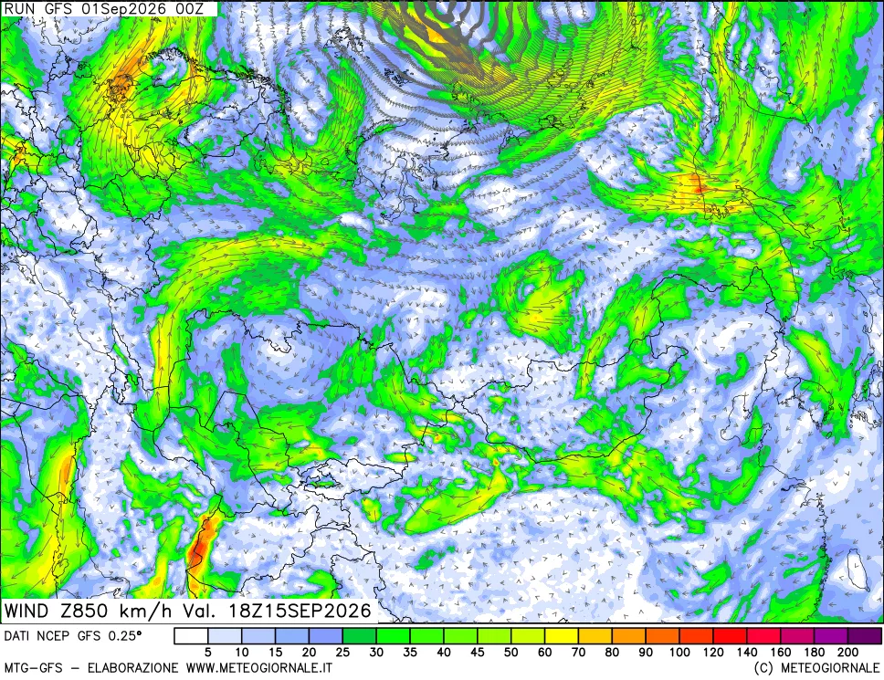 mappa 850 hPa Vento forza e direzione