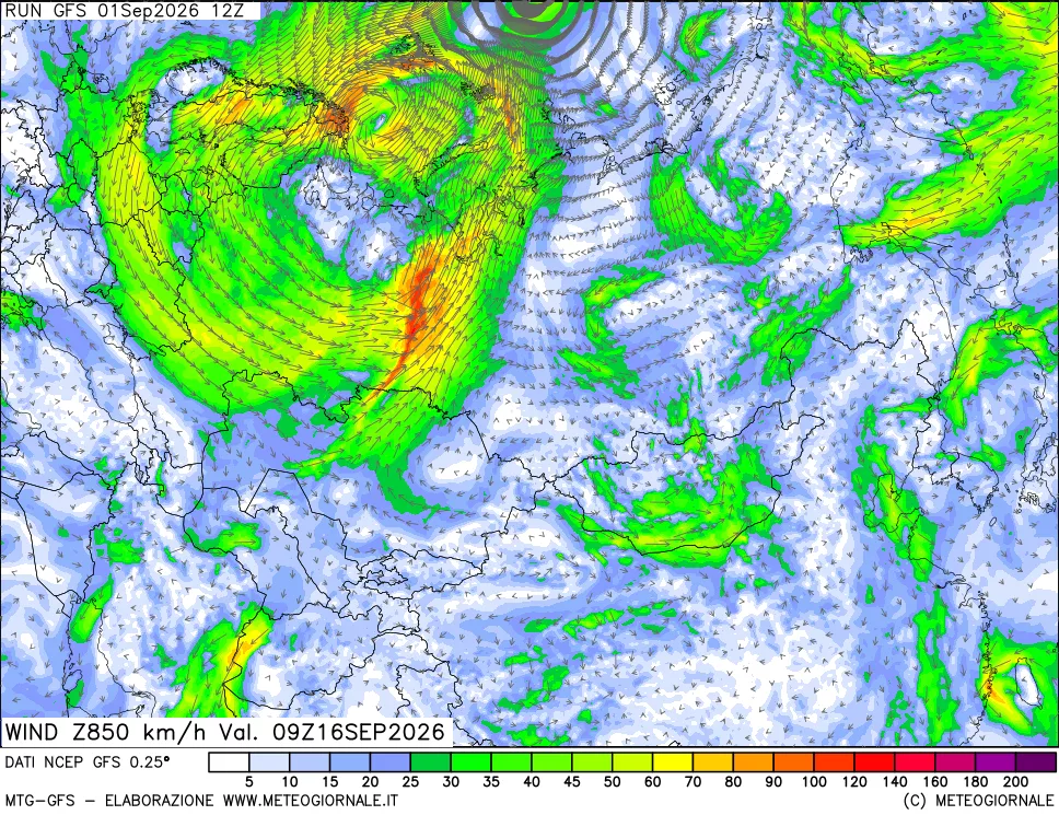 mappa 850 hPa Vento forza e direzione