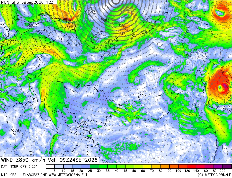 mappa 850 hPa Vento forza e direzione