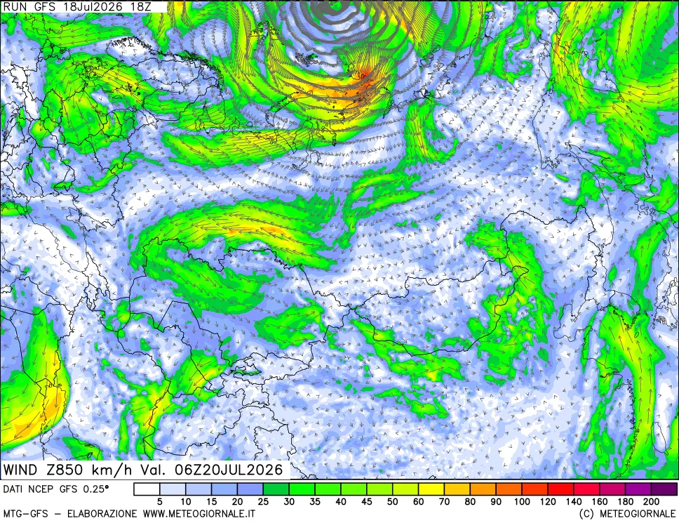 mappa 850 hPa Vento forza e direzione