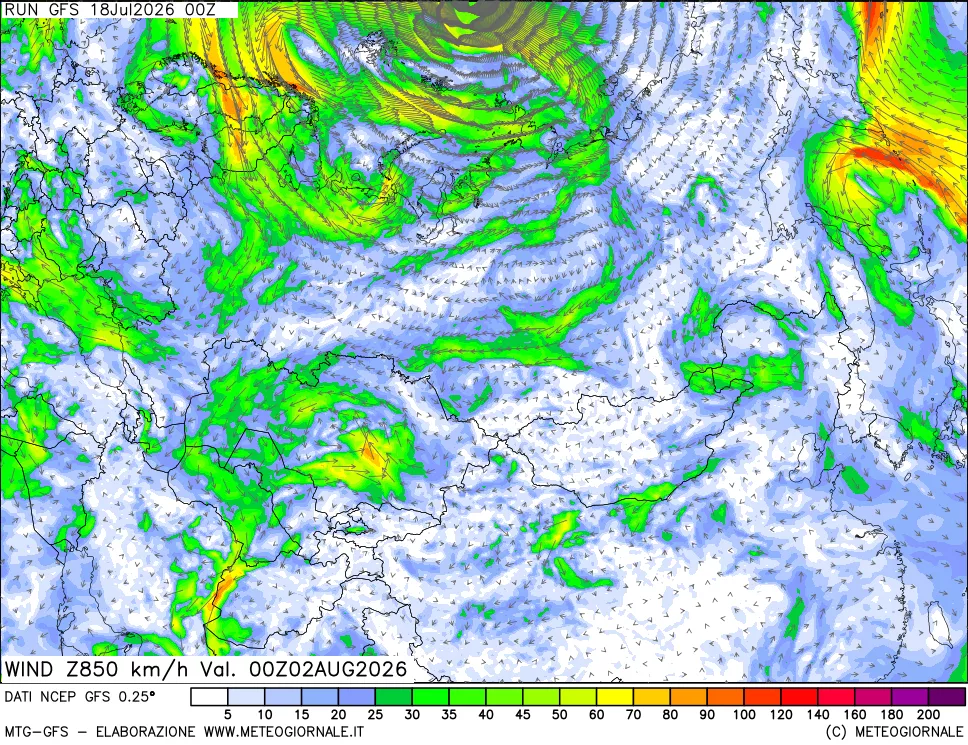 mappa 850 hPa Vento forza e direzione