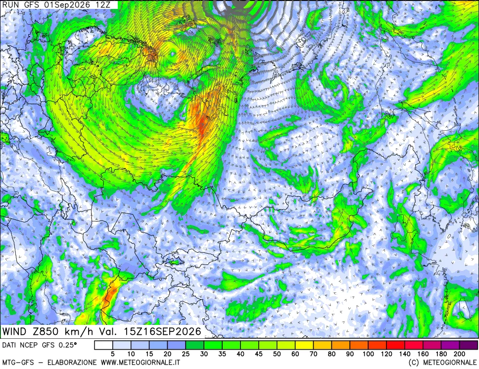 mappa 850 hPa Vento forza e direzione