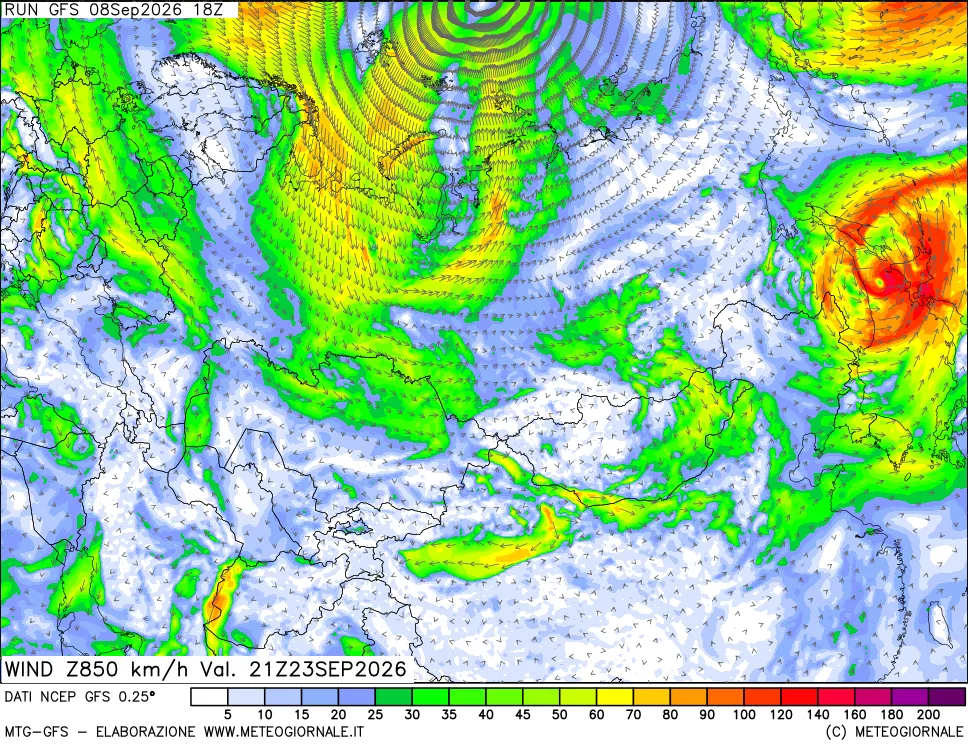 mappa 850 hPa Vento forza e direzione