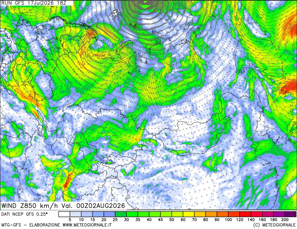 mappa 850 hPa Vento forza e direzione
