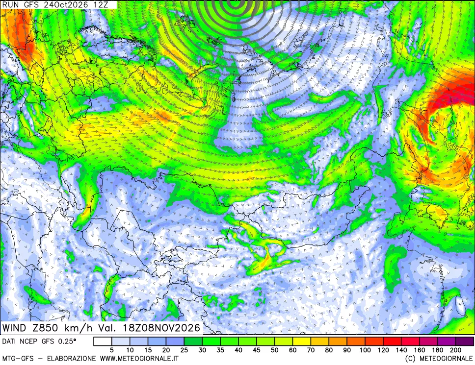 mappa 850 hPa Vento forza e direzione