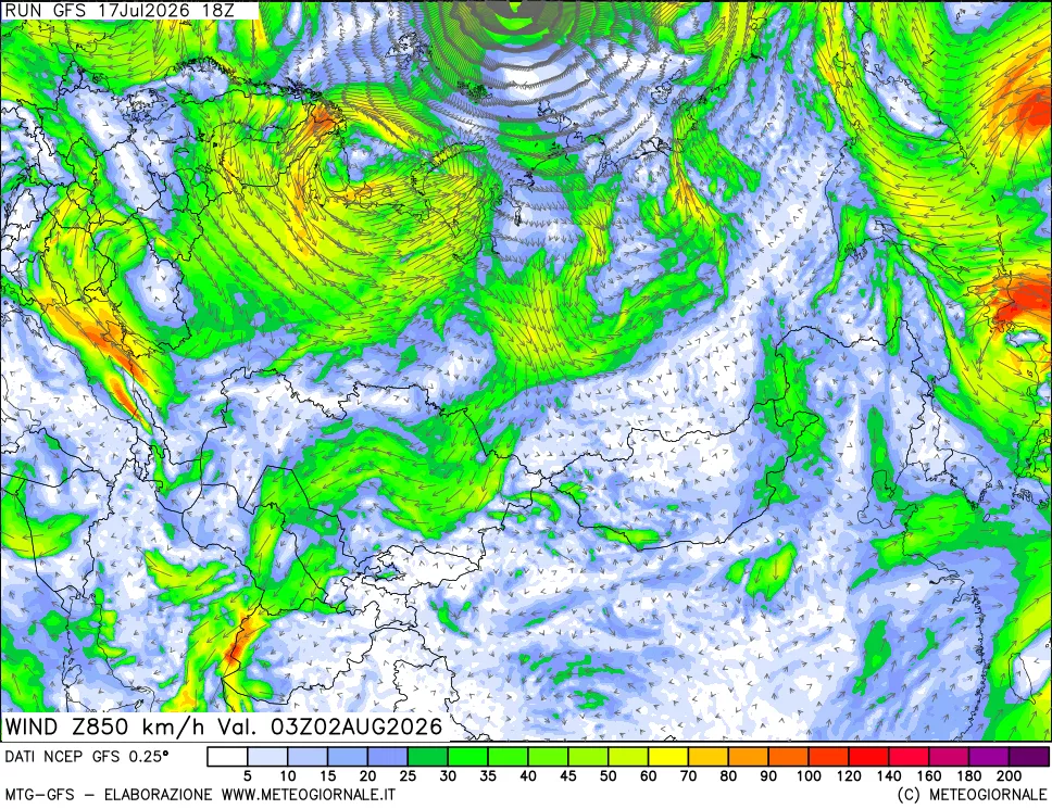 mappa 850 hPa Vento forza e direzione