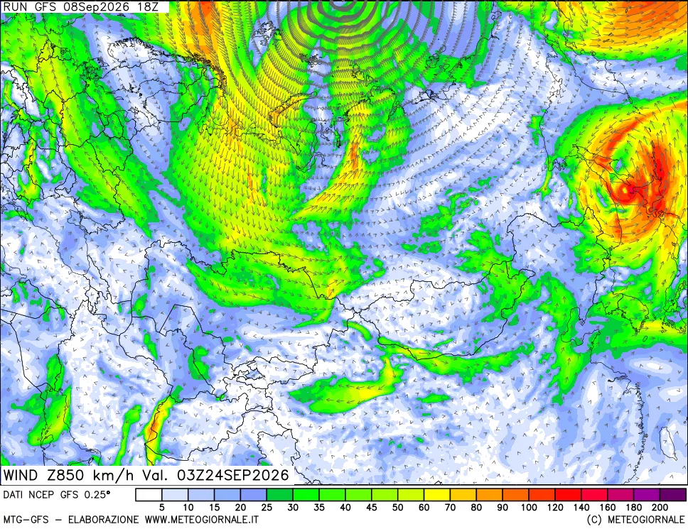 mappa 850 hPa Vento forza e direzione