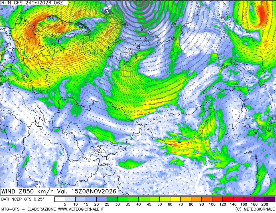 mappa 850 hPa Vento forza e direzione