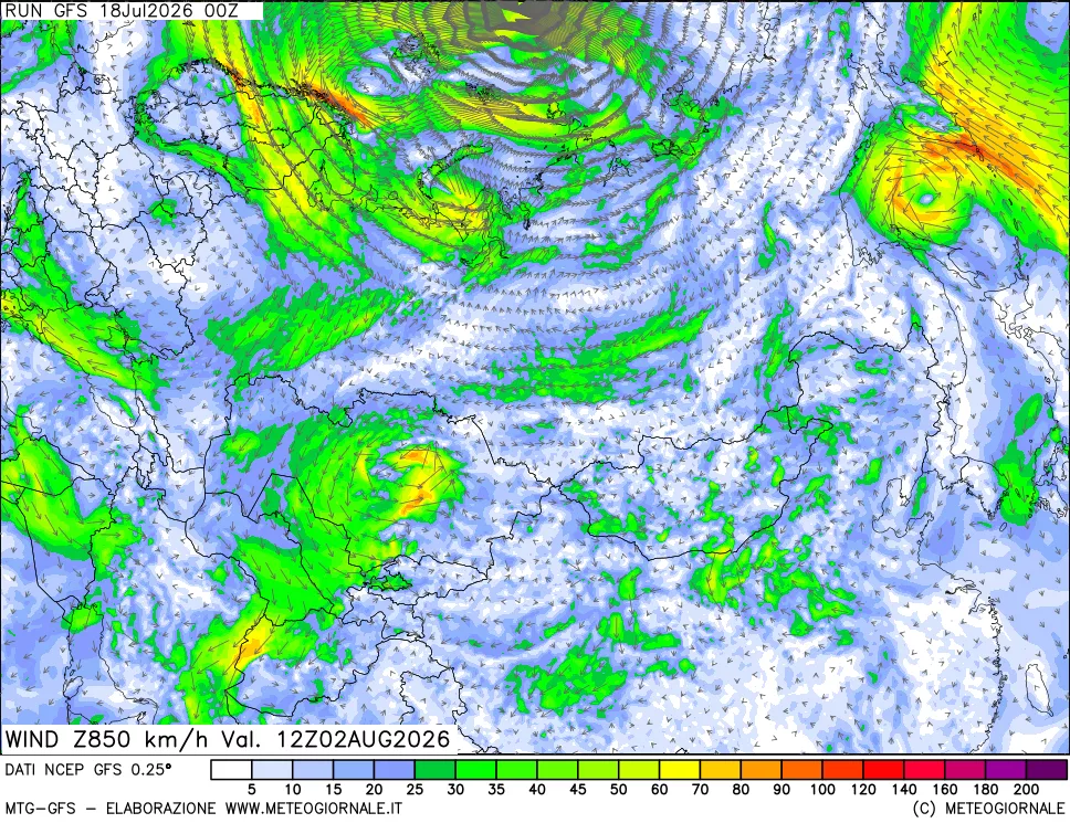 mappa 850 hPa Vento forza e direzione