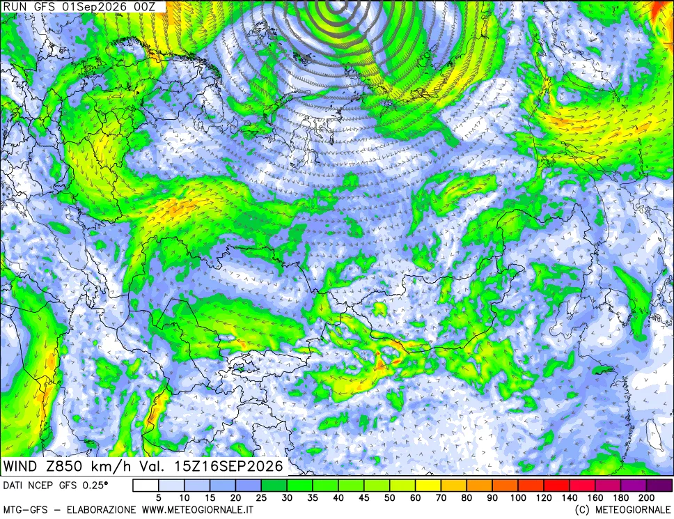 mappa 850 hPa Vento forza e direzione